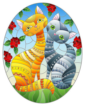 Stained glass illustration with a pair of bright cartoon cats against a blue sky and rose flowers, oval image