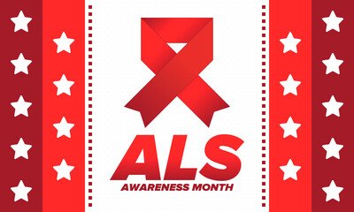 ALS Awareness Month. Amyotrophic lateral sclerosis. Annual campaign is held in May in United States. Control and protection. Prevention campaign. Medical health care concept. Vector illustration