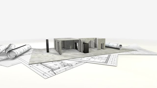 time-lapse 3d animation. home construction showing the process from the blueprints to installation of the roof