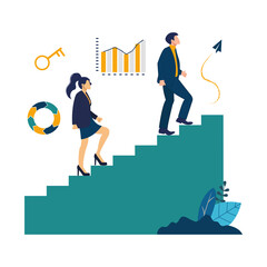 Vector illustration, people run to their goal on the column of columns, climbing up the stairs, move up motivation, the path to the target's achievement