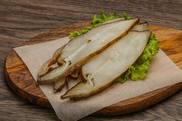 Delicous smoked halibut slices snack