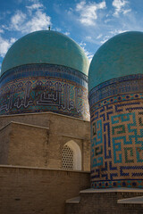 Samarkand: shah-i-zinda complex exterior. Ensemble Blue Tiles Ornament Facade Tombs and Cupolas.