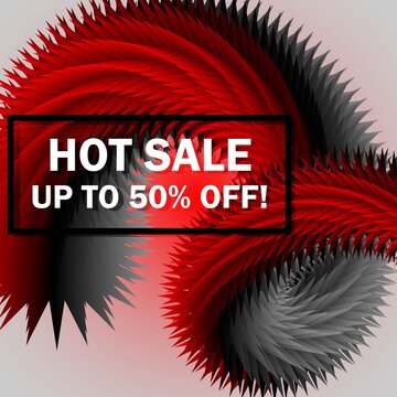 Trendy hot sale discount vector banner design poster. Frame of red-hot 3d shape background with off sales text.