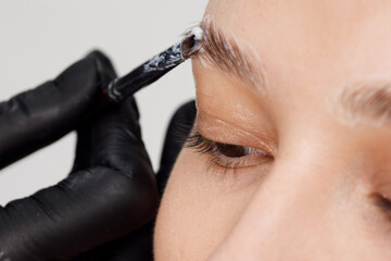 Master applies brow paste with a brush to eyebrows. Styling and lamination of eyebrows. Woman doing eyebrow permanent makeup correction. Gloved master combing patient’s eyebrows with a special brush. - obrazy, fototapety, plakaty