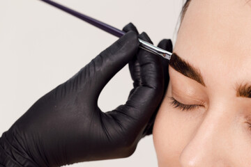 Master applies brow paste with a brush to eyebrows. Styling and lamination of eyebrows. Woman doing...