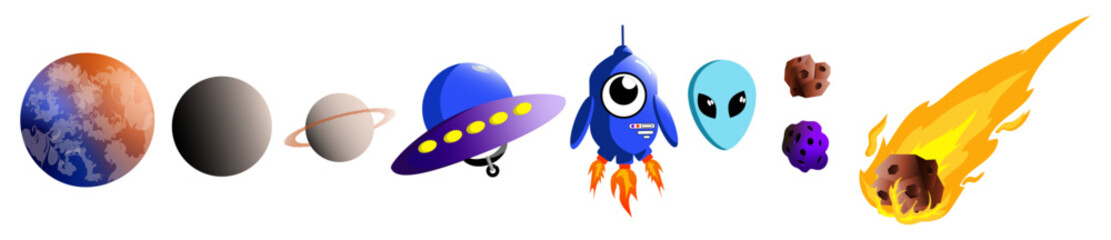 children's illustrations on a space theme, spaceships, aliens, comet, planet, robot, asteroid, space, galaxy, rocket flying into space, alien ship © skadhi_art