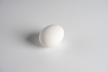 a white chicken egg lies on a white background. Minimalistic still life