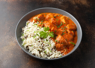 Chicken Paprikash with basmati, wild rice in juicy paprika sauce and parsley.