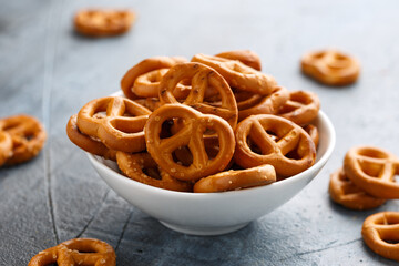 Salted pretzels snack for party in white bowl