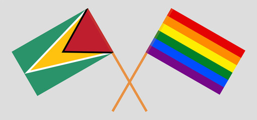 Crossed flags of Guyana and LGBTQ. Official colors. Correct proportion