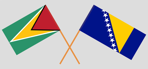 Crossed flags of Guyana and Bosnia and Herzegovina. Official colors. Correct proportion