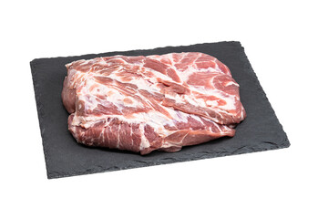 Fresh quality raw pork meat on black stone plate isolated on white background.