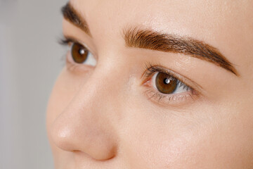 Close up view of beautiful female eyes with long natural lashes. Styling and lamination of natural...