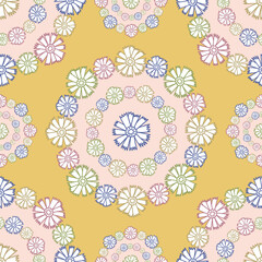 Vector seamless pattern colorful design of bright hand-drawn flowers in circles in pastel tones
