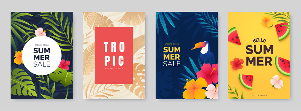 Summer poster collection. Poster designs with tropical leaves, plants and flowers. Season sale banners set. Ideal for party flyer, promo, invitation, print. Vector illustration.