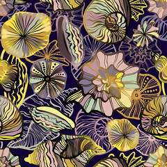 Decorative seamless elegant pattern design of seashells in floral forms in bright warm orange color