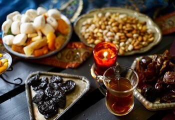 Eastern table. Dried fruits. Mix of nuts, dried apricots, Turkish delight, dates, figs, sweets. 