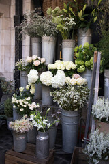 Variety of flowers at the flower shop at the famous Liberty store on Regent Street. Entrance decoration