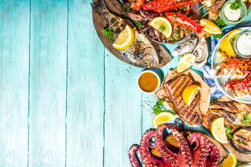 Assortment various barbecue Mediterranean grill food - fish, octopus, shrimp, crab, seafood,...