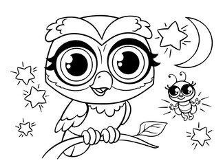 Owl and firefly beetle in a coloring book for children. Black and white contour of a bird on a branch. Kids task Zoo. Animals of the forest. Illustration for children. Cartoon characters Isolated