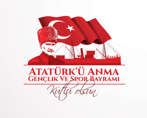vector illustration. Milli Mucadelenin 102. Yil, 19 mayis Ataturk'u Anma, Genclik ve Spor Bayramiz , translation: 19 may Commemoration of Ataturk, Youth and Sports Day, 102th Year National Mucadelen