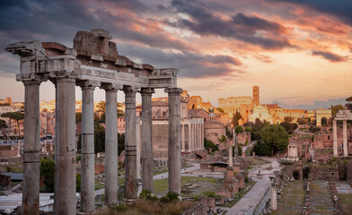 Roman Forum, Rome Italy. Ancient remains, cloudy sky at sunrise