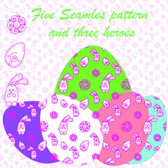 Seamless set of patterns for Easter with a cheerful rabbit, a flower and a pink outline egg  for textile, paper and digital greeting card