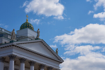 The towers of the cathedral in Helsinki against the blue sky.