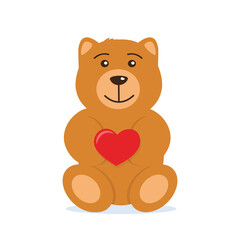 Cute Teddy bear holding big red heart in the paws. The concept of Valentine's Day. Flat vector illustration.
