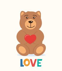 Cute Teddy bear holding big red heart in the paws. The concept of Valentine's Day. Flat vector illustration.