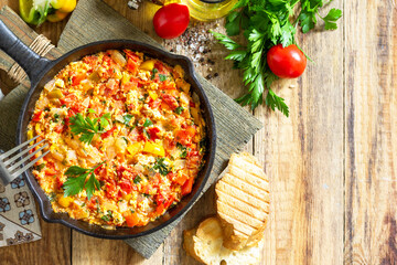 Traditional Turkish dish. Mememen (fried vegetables with scrambled egg) in a cast iron frying pan...
