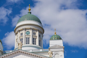 The towers of the cathedral in Helsinki against the blue sky.