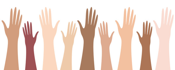 Raised up hands of different skin color. Isolated vector illustration on white background