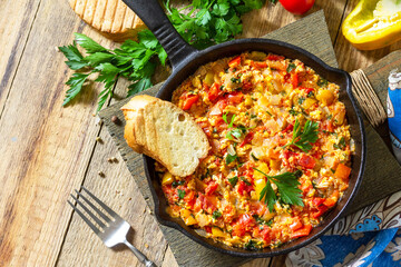 Traditional Turkish dish. Mememen (fried vegetables with scrambled egg) in a cast iron frying pan on a wooden table. Top view flat lay background.