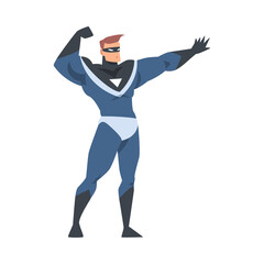 Powerful Man Superhero Character in Black and Blue Costume Cartoon Vector Illustration