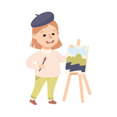 Girl Artist Painting on Canvas, Cute Kid Practicing Skills to Find Dream Cartoon Vector Illustratio