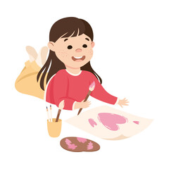 Adorable Girl Lying on Floor and Painting with Paintbrush, Cute Kid Creative Activity Cartoon Vector Illustration