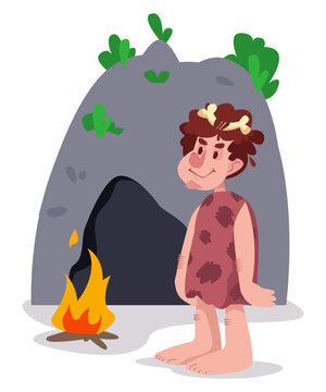 Ancient man. Pithecanthropus in skin stands next to a cave and a bonfire. Prehistoric world of man. Vector illustration in cartoon style. Isolated fun clipart on white background