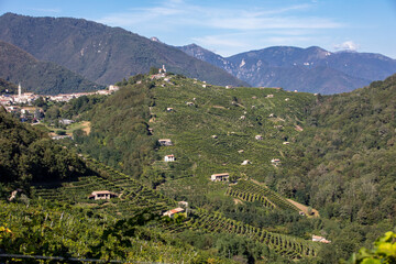 Picturesque hills with vineyards of the Prosecco sparkling wine region in Guietta and Guia. Italy.