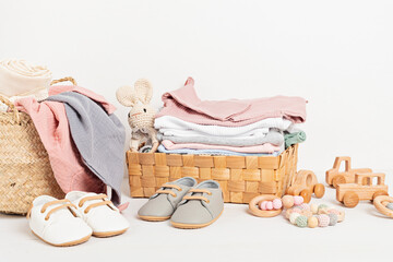 Baby and child clothes in box. Second hand apparel idea. Circular fashion, donation idea
