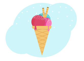 Three scoops of ice cream with decorations in a conical waffle cup