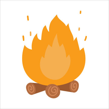 Cute fire on the logs. Vector campfire illustration isolated on white background. Autumn or Summer season bonfire icon for print, sticker, postcard.  Funny hearth symbol illustration..