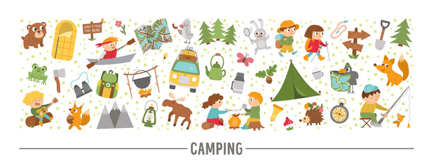Vector horizontal set with cute comic forest animals, elements and children doing summer camp activities. Card template border design with woodland characters and kids on holidays. .