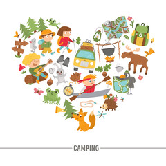 Vector heart shaped frame with cute comic forest animals, elements and children doing summer camp activities. Card template design with kids on holidays for banners, posters, invitations. .