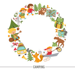 Vector round frame or wreath with cute comic forest animals, elements and children doing summer camp activities. Card template design with kids on holidays for banners, posters, invitations. .