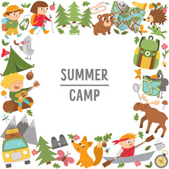 Vector square frame or border with cute comic forest animals, elements and children doing summer camp activities. Card template design with kids on holidays for banners, posters, invitations. .