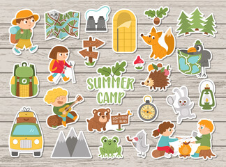Vector summer camp stickers set. Camping, hiking, fishing equipment patches collection with cute kids and forest animals on wooden background. Outdoor nature tourism patches pack .