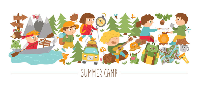 Vector horizontal set with cute comic forest animals and children doing summer camp activities. Card template design with woodland characters and kids on holidays. Funny active trip border..