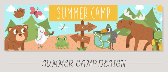 Cute Summer camp horizontal card with comic adorable forest animals in the woods. Vector adventure trip print template. Active holidays or local tourism bookmark or border banner design .