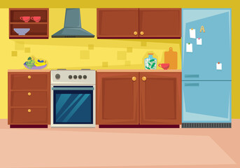 Set kitchen interior. Furniture and household items in the dining room. Vector illustration in cartoon flat style fun
